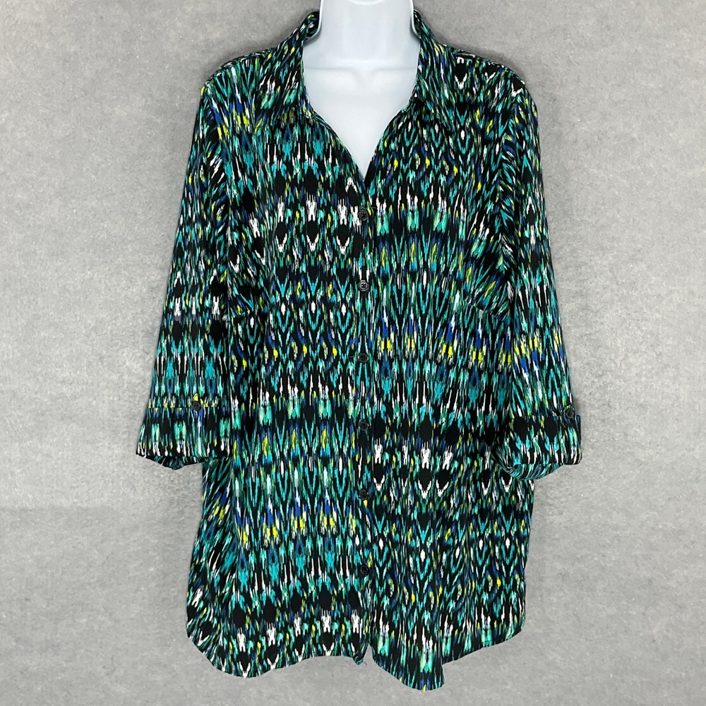 Catherines Button Down Top Abstract Print 3/4 Sleeve Blouse Plus Size 1X